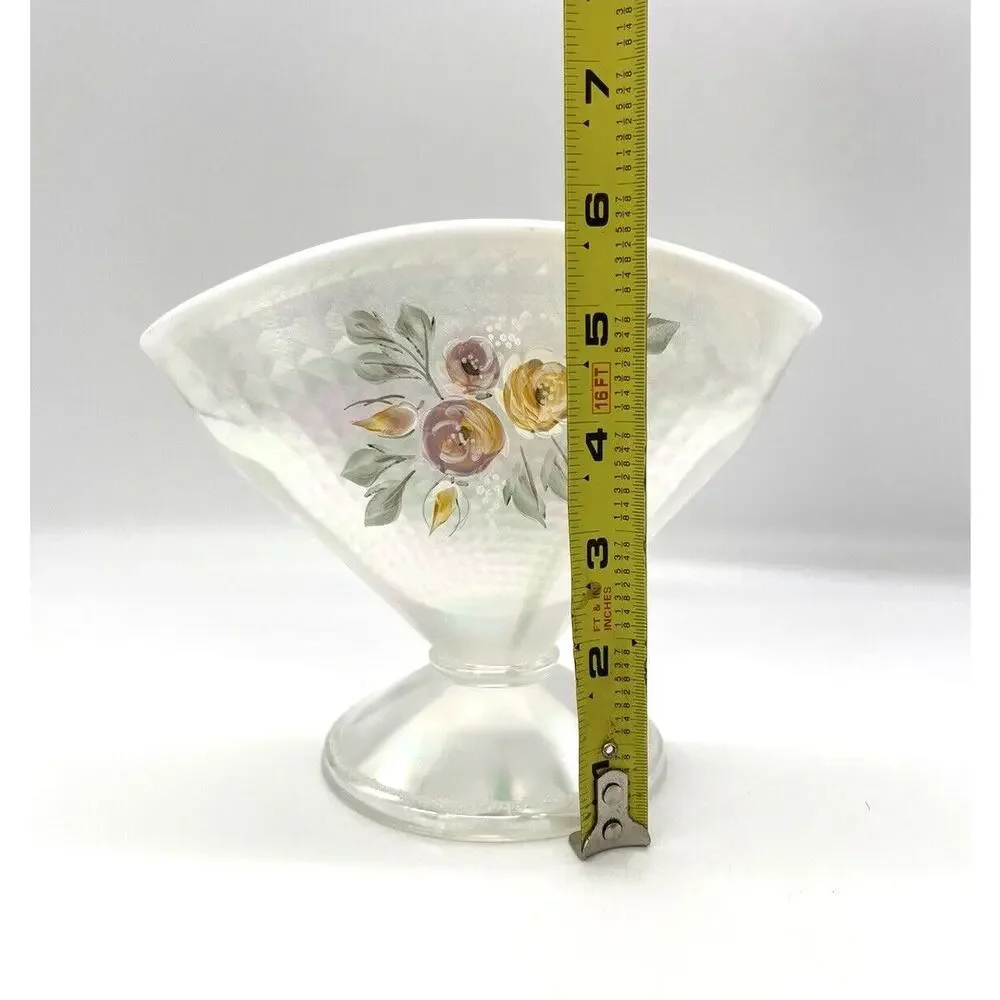 Vtg Fenton Romance Opalescent Iridescent Floral Fan Vase Signed S. Smith 5.75